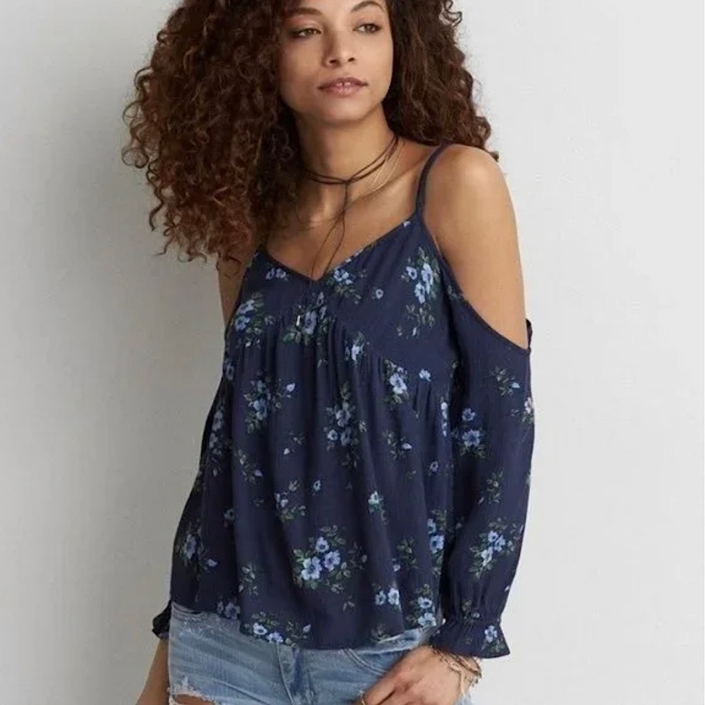 American Eagle Blue Floral Cold Shoulder Blouse